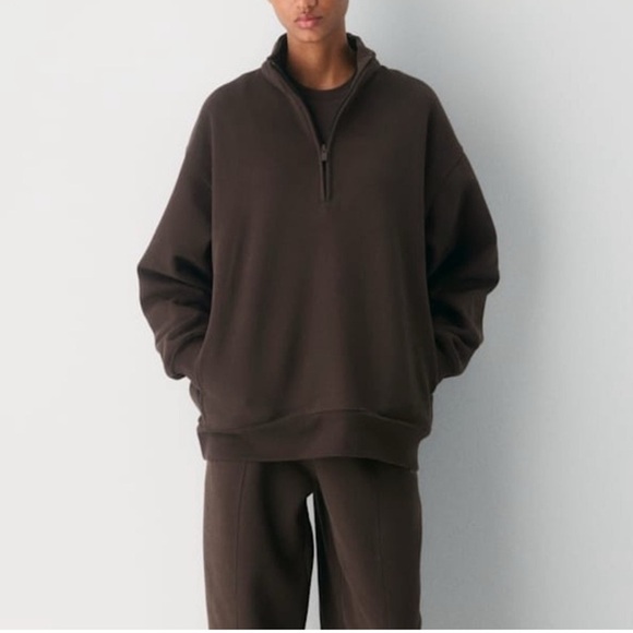 SKIMS Sweaters - NWT Skims Boyfriend Fleece Espresso Brown Half-Zip Pullover Sweatshirt Small